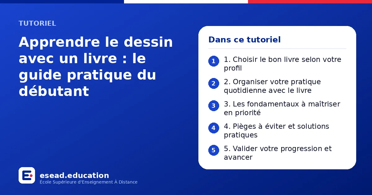 Infographie : Apprendre le dessin avec un livre : le guide pratique du débutant — 1. 1. Choisir le bon livre selon votre profil ; 2. 2. Organiser votre pratique quotidienne avec le livre ; 3. 3. Les fondamentaux à maîtriser en priorité ; 4.