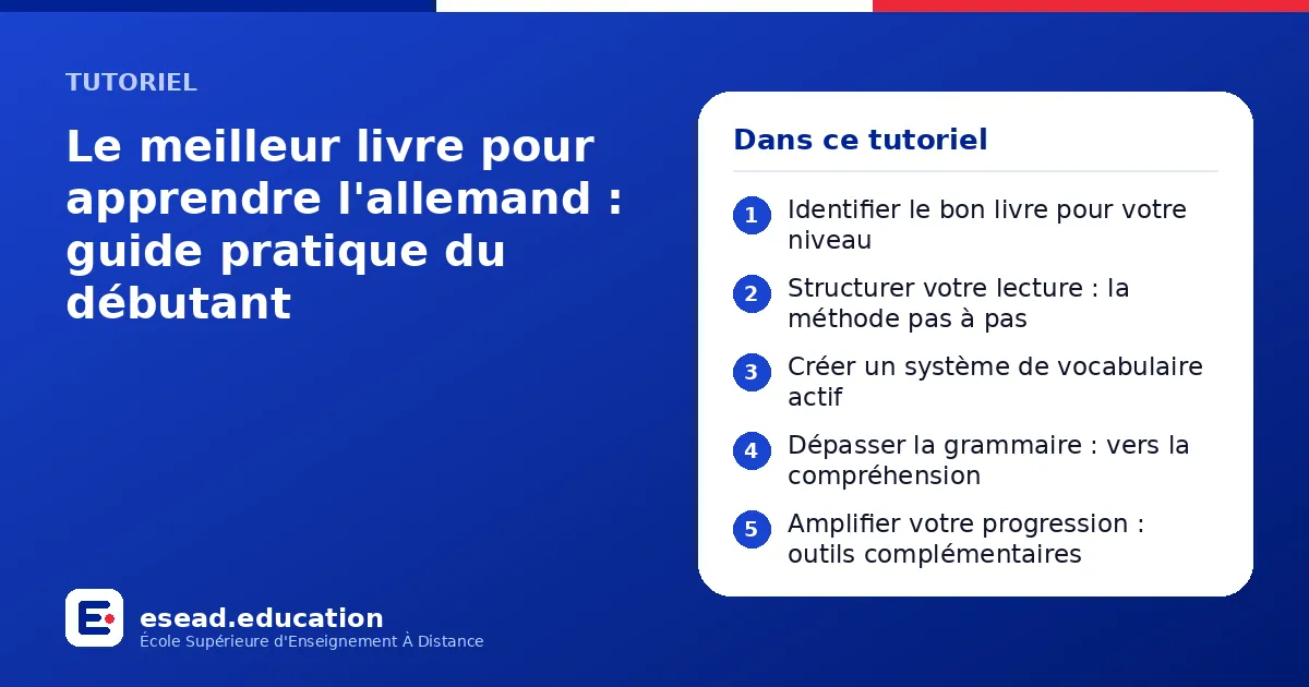 Infographie : Le meilleur livre pour apprendre l'allemand : guide pratique du débutant — 1. Identifier le bon livre pour votre niveau ; 2. Structurer votre lecture : la méthode pas à pas ; 3. Créer un système de vocabulaire actif ; 4. Dépas