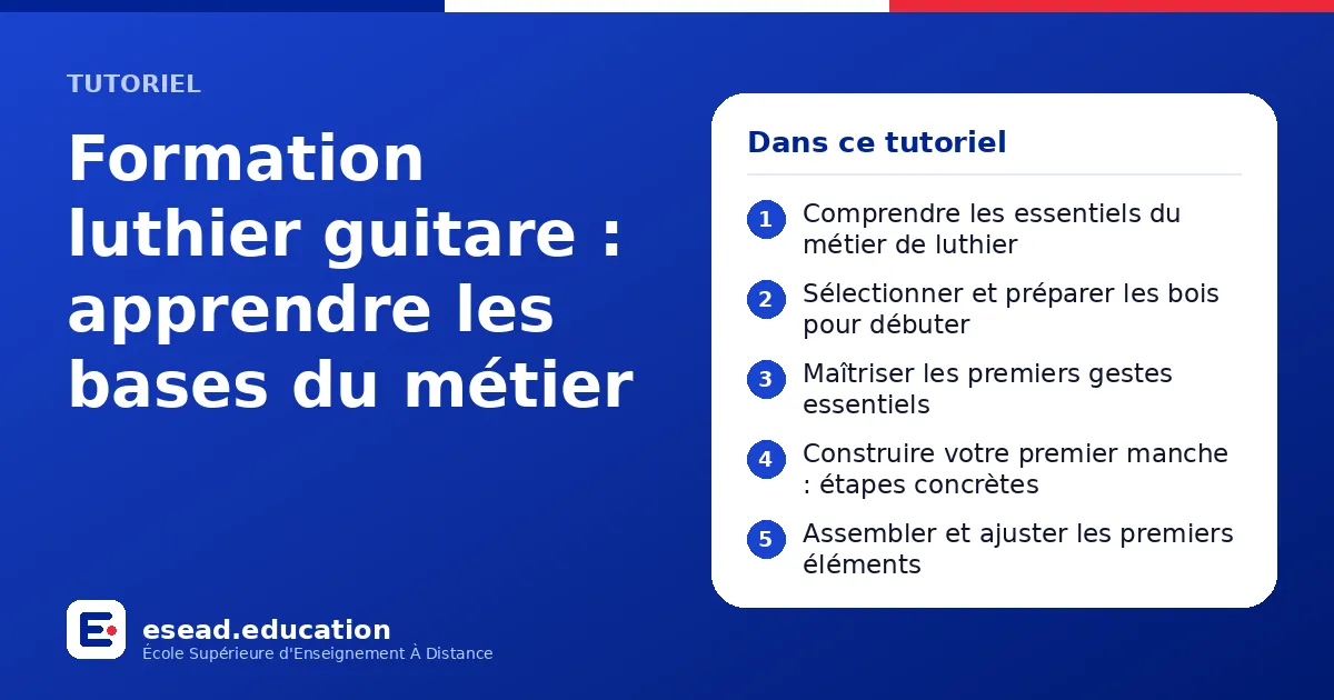 Infographie : Formation luthier guitare : apprendre les bases du métier — 1. Comprendre les essentiels du métier de luthier ; 2. Sélectionner et préparer les bois pour débuter ; 3. Maîtriser les premiers gestes essentiels ; 4. Construire vo