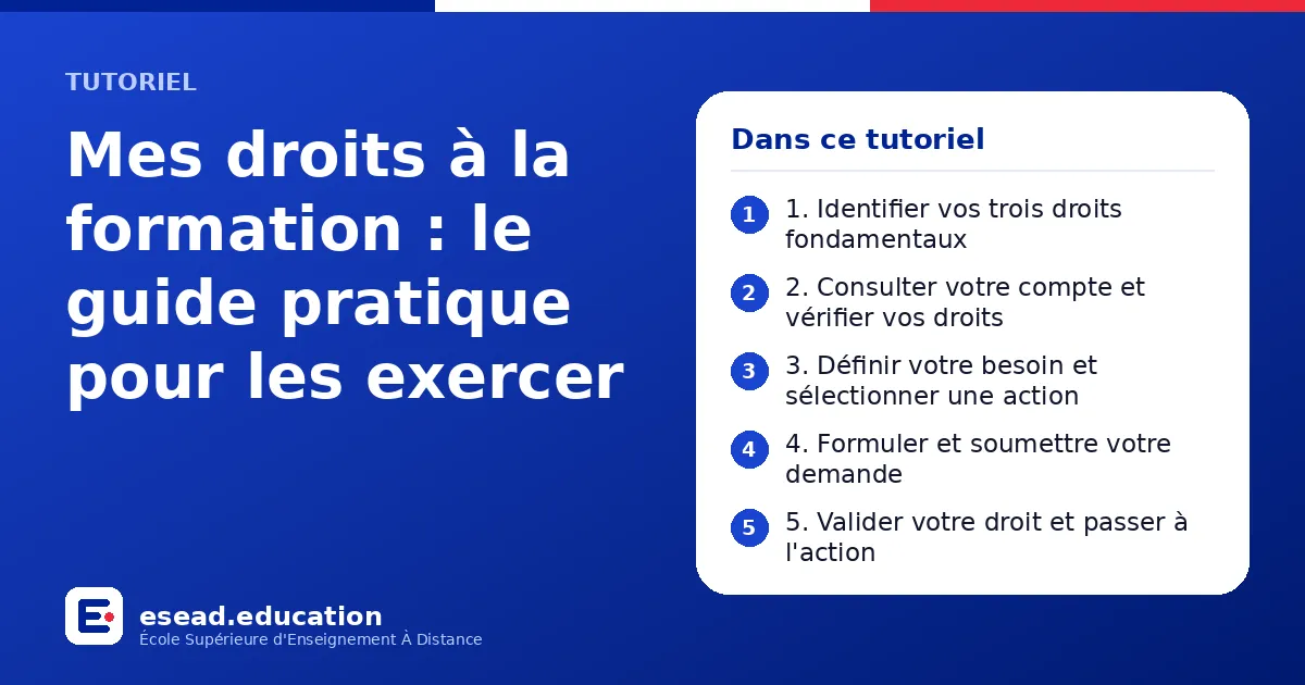 Infographie : Mes droits à la formation : le guide pratique pour les exercer — 1. 1. Identifier vos trois droits fondamentaux ; 2. 2. Consulter votre compte et vérifier vos droits ; 3. 3. Définir votre besoin et sélectionner une action ; 4.
