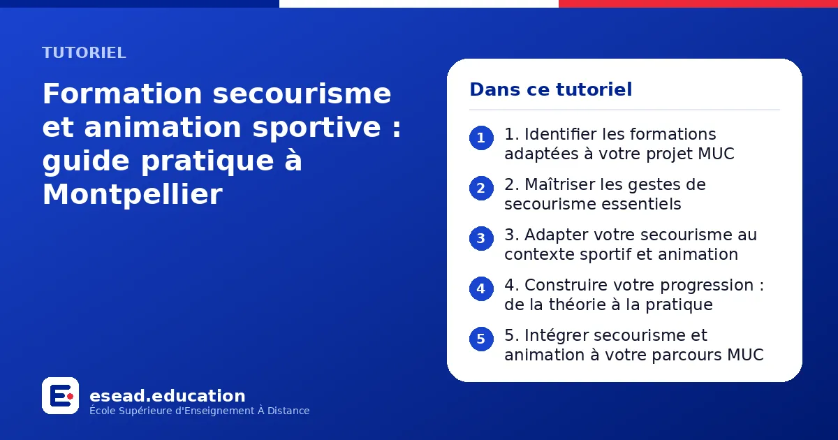 Infographie : Formation secourisme et animation sportive : guide pratique à Montpellier — 1. 1. Identifier les formations adaptées à votre projet MUC ; 2. 2. Maîtriser les gestes de secourisme essentiels ; 3. 3. Adapter votre secourisme au