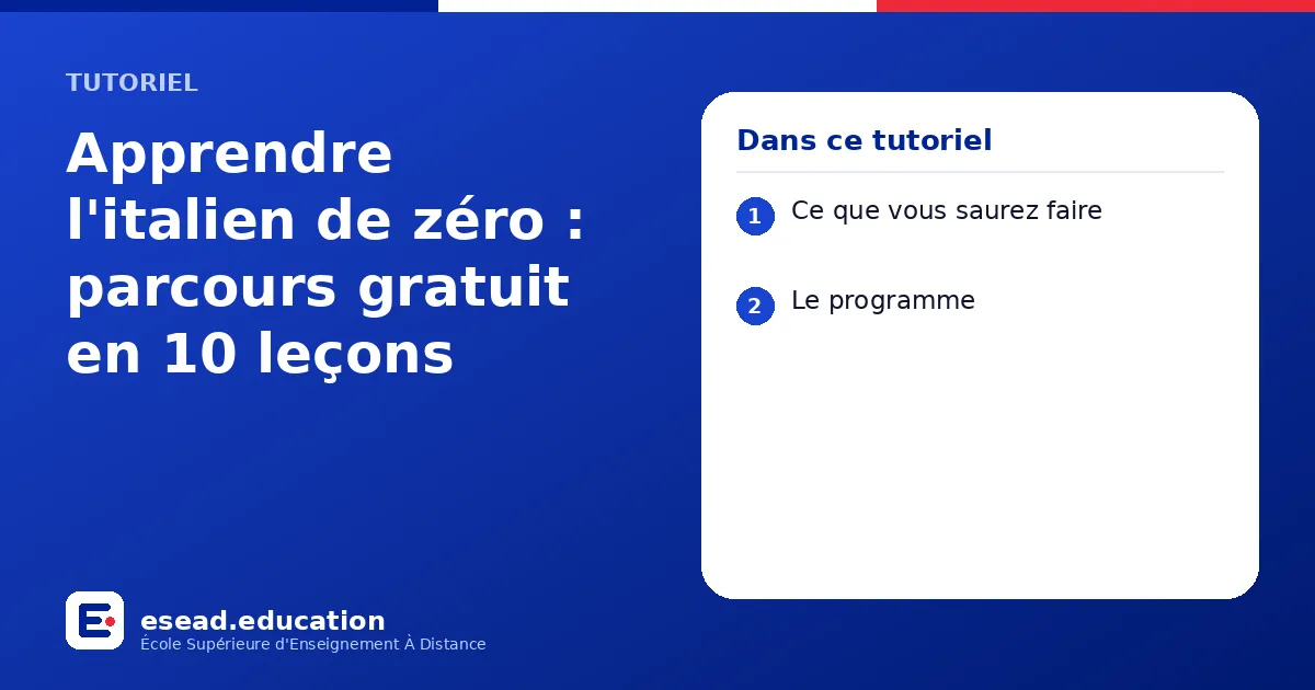 Infographie : Apprendre l'italien de zéro : parcours gratuit en 10 leçons — 1. Ce que vous saurez faire ; 2. Le programme