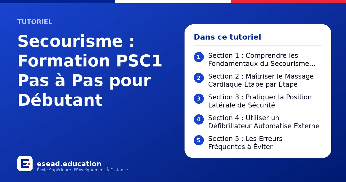 Infographie : Secourisme : Formation PSC1 Pas à Pas pour Débutant — 1. Section 1 : Comprendre les Fondamentaux du Secourisme PSC1 ; 2. Section 2 : Maîtriser le Massage Cardiaque Étape par Étape ; 3. Section 3 : Pratiquer la Position Latéral
